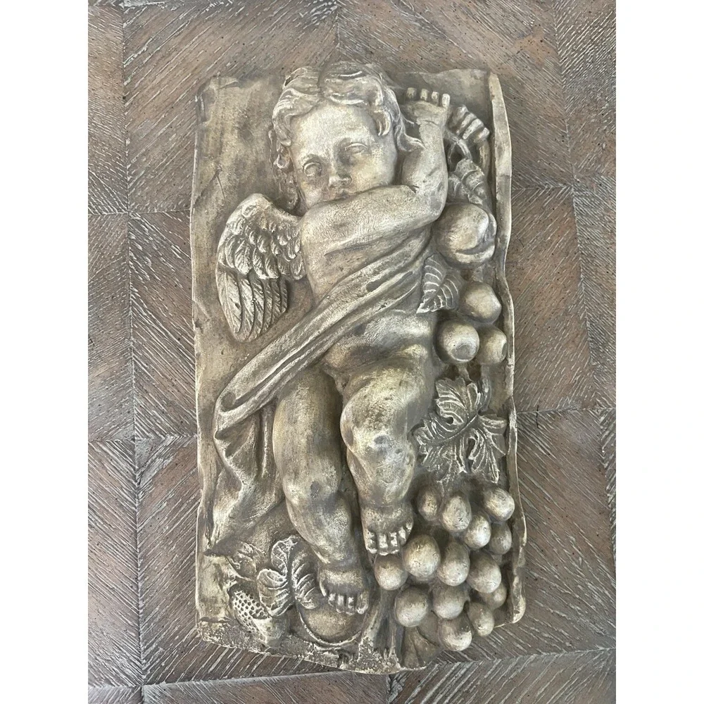 Vtg Hen-Feathers Cherub Angel Fruit  Wall Plaque Relief Resin 7x12